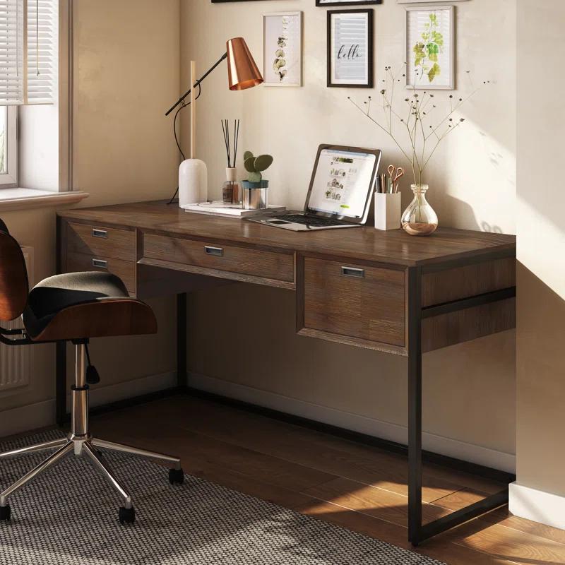 Simpli Home Richmond 60"W Solid Acacia Wood Desk, Industrial Style with Keyboard Tray and 3 Drawers