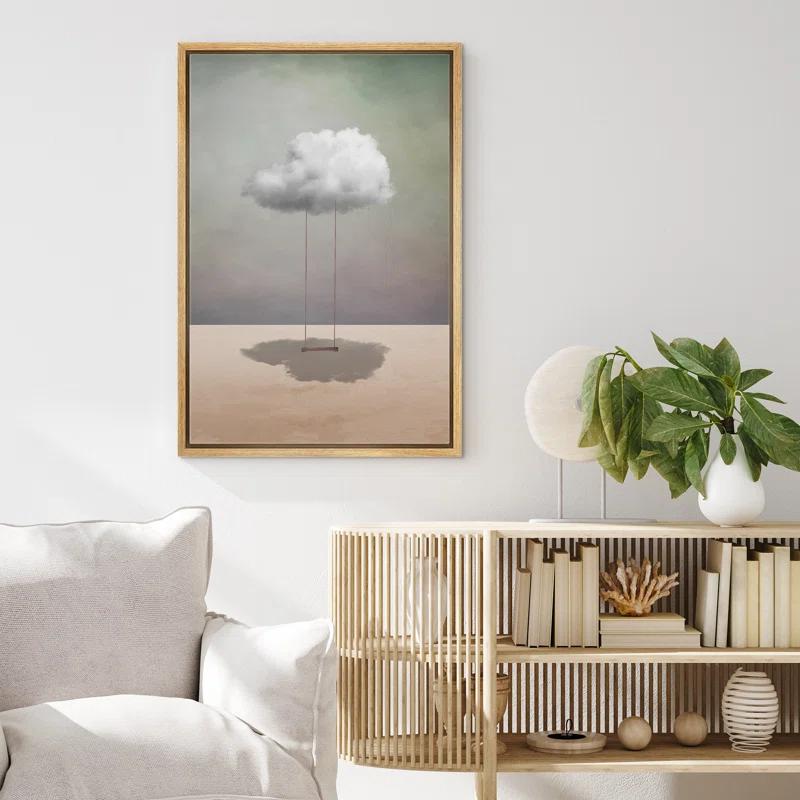 IDEA4WALL Whimsical Desert Swing On Cloud In Desert - Whimsical Surreal Pictures Neutral Framed Canvas Painting Print Wall Art