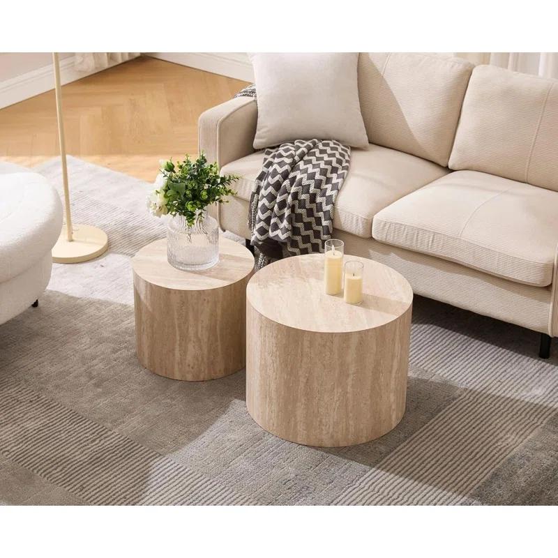 Latitude Run® Set of 2 Modern Round Wood Nesting Coffee Table Circle Travertine End Side Table Sets