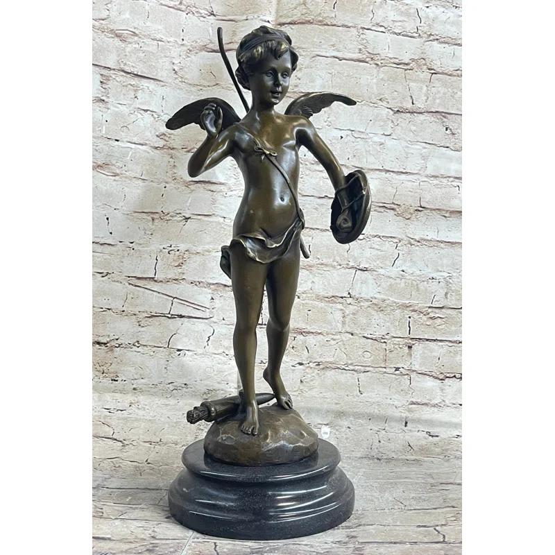 Trinx Kaleeya Signed Bronze Statue Cupid Cherub Sculpture On Marble Base Art Deco Sale