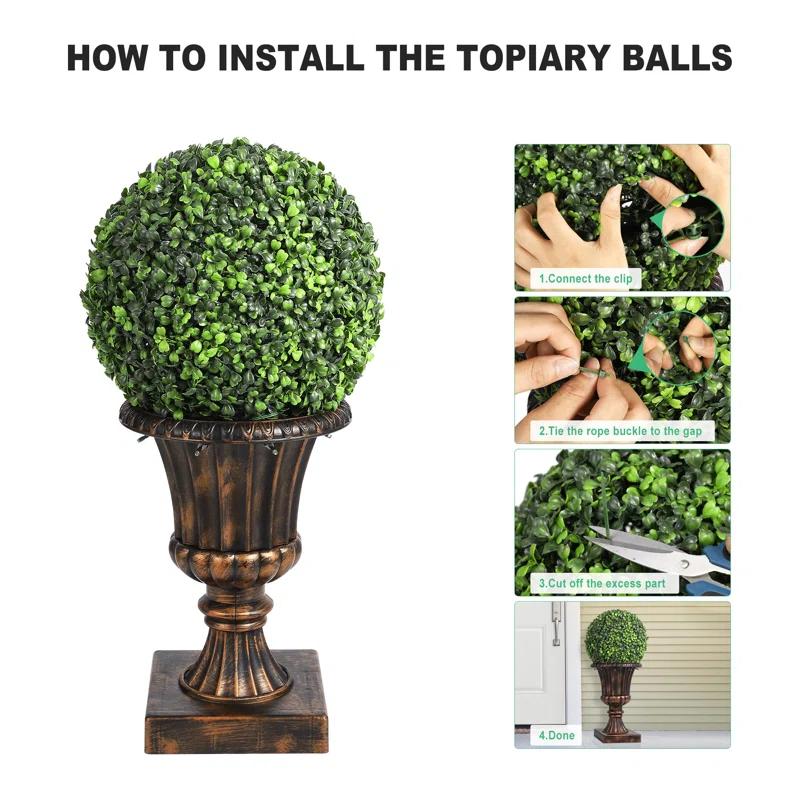 Yuan Home 2Pcs 12” Artificial Plant Topiary Ball With Pot, Faux Boxwood Balls With LED