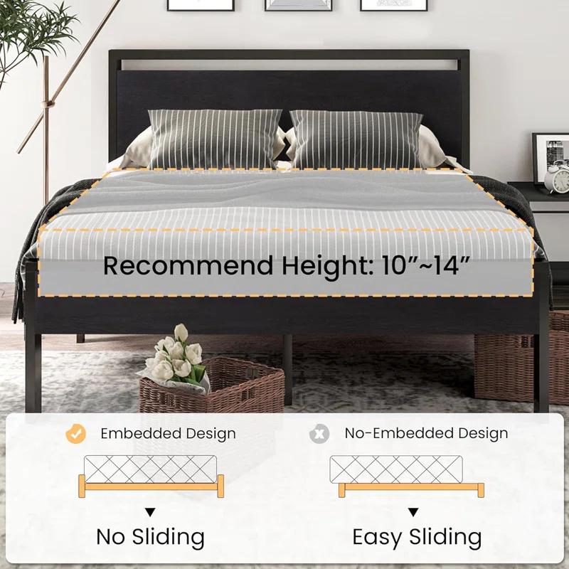 17 Stories 14 Inch Queen Size Metal Platform Bed Frame with Wooden Headboard and Footboard,No Box Spring Needed