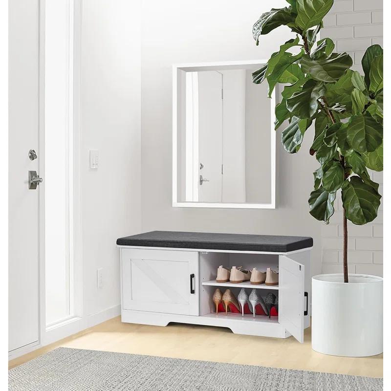 Gracie Oaks Gracie Oaks 2 Tier Shoe Storage Bench With Padded Seat Cushion, Entryway Bench With 2 Barn Doors, White, Adjustable Shelf, 13.8" D X 39.4" W X 17.7" H