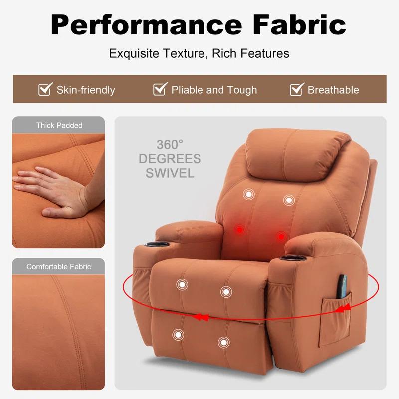 Recliner Chair, Rocking Chair with Massage and Heat, 360° Swivel Recliner Chairs for Adults, Rocker Manual Recliner with Remote Control and Cup Holder for Living Room