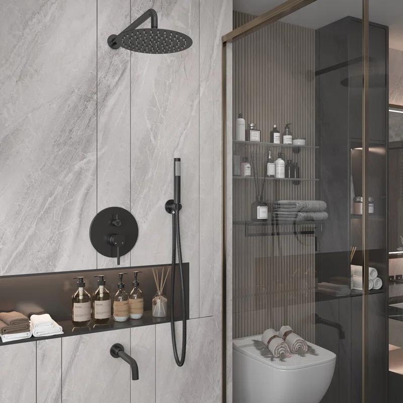 clihome Luxury Wall-Mounted 3-Function Shower System Solid Brass Mixer Valve, 1.8 GPM Flow & Dual Showerheads with Rough-in Valve DM6612BI