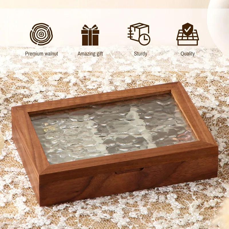 Wooden Jewelry Box, Medium Size Natural Solid Walnut Wood Girls Vintage Trinket Organizer With Large Storage,Walnut