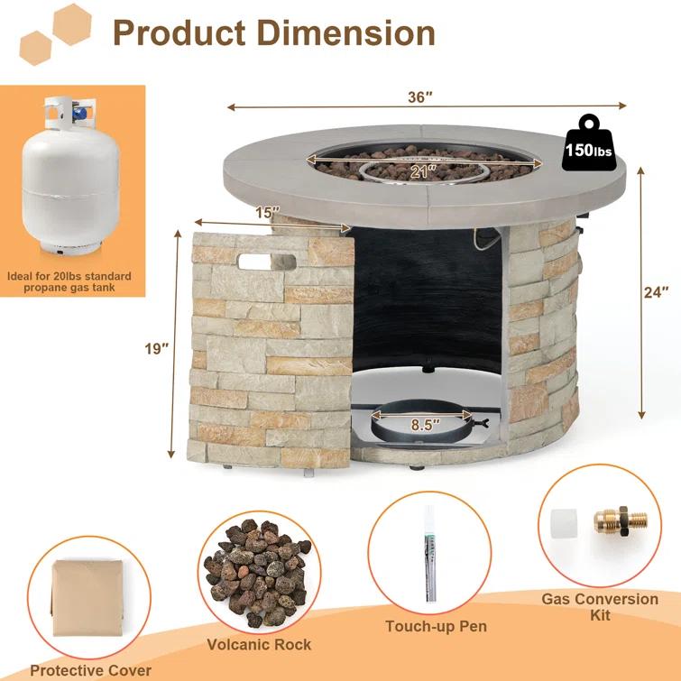 17 Stories Round Ore Powder, Steel, Stainless Steel, PVC Propane Smokeless Fire Pit Table with Hidden Fuel Tank