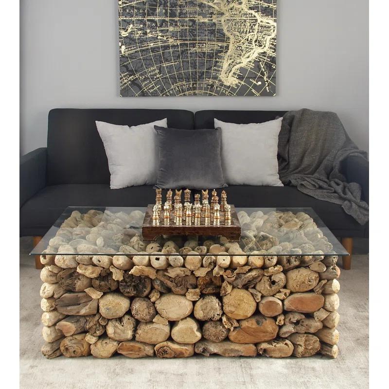 Millwood Pines Brown Wood Handmade Stacked Collage Coffee Table with Clear Glass Top