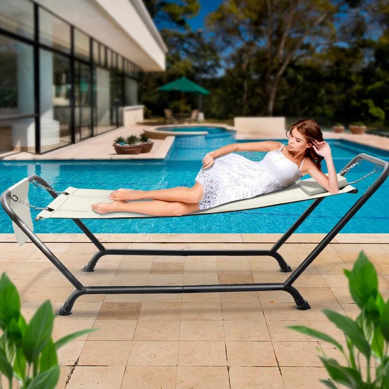 1-Person Hanging Cozy Hammock Bed with Stand, Pillow and Storage Pockets in Beige