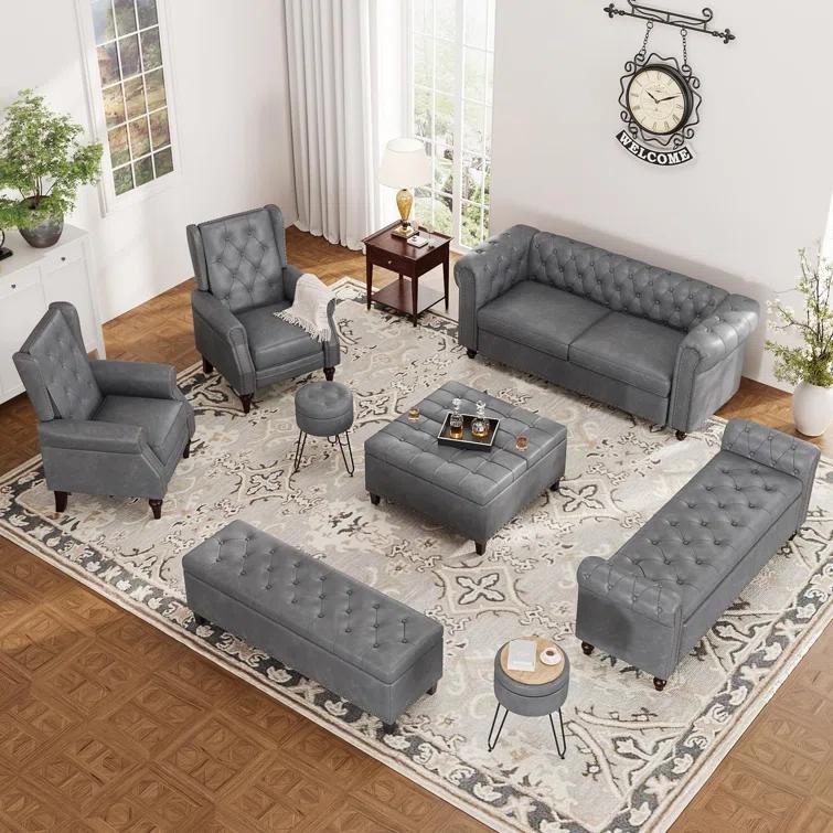 Alcott Hill® 72 Inch Couch Chesterfield Leather Sofa With Wooden Legs