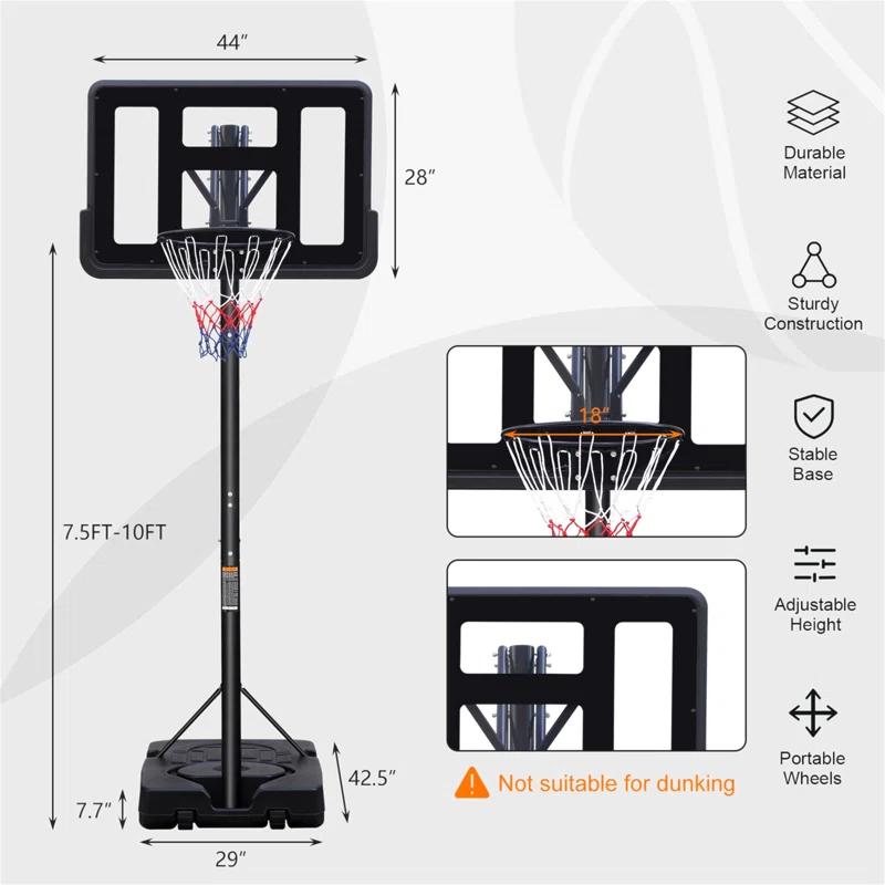 HLILish Teenagers Portable Basketball Hoop Height Adjustable Basketball Hoop Stand 7.5Ft - 10Ft With 44 Inch Backboard And Wheels For Adults Teens