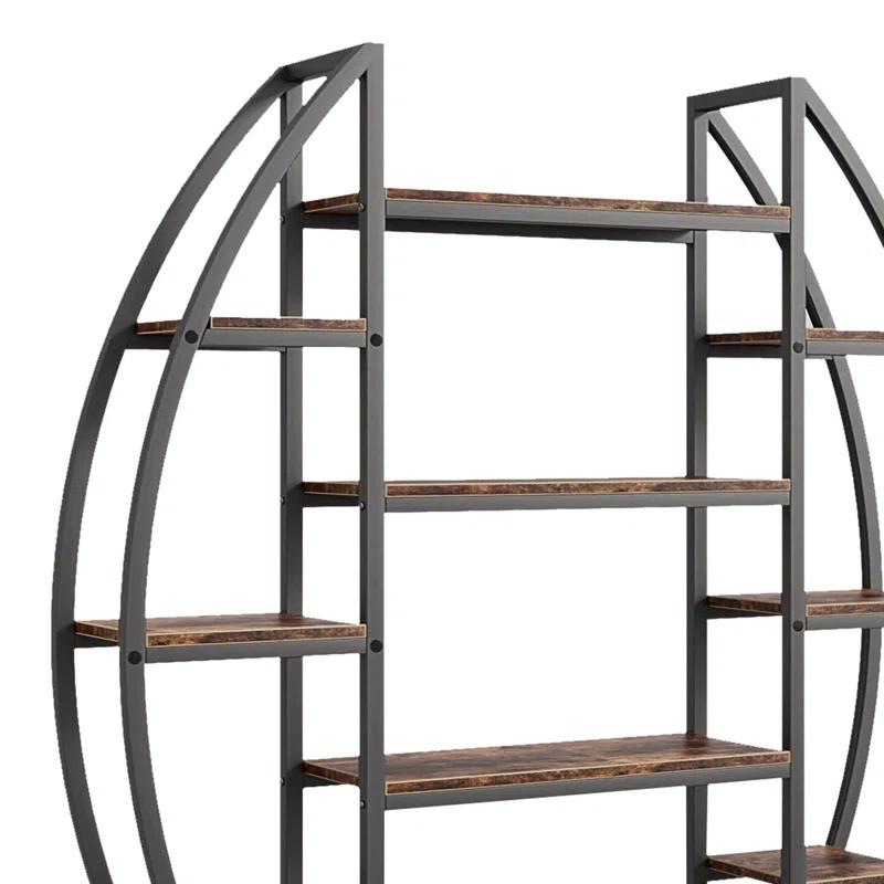 Benjara Oval Bookshelf, 12 Brown Wood Shelves, 5 Tier Black Frame, 69 Inch