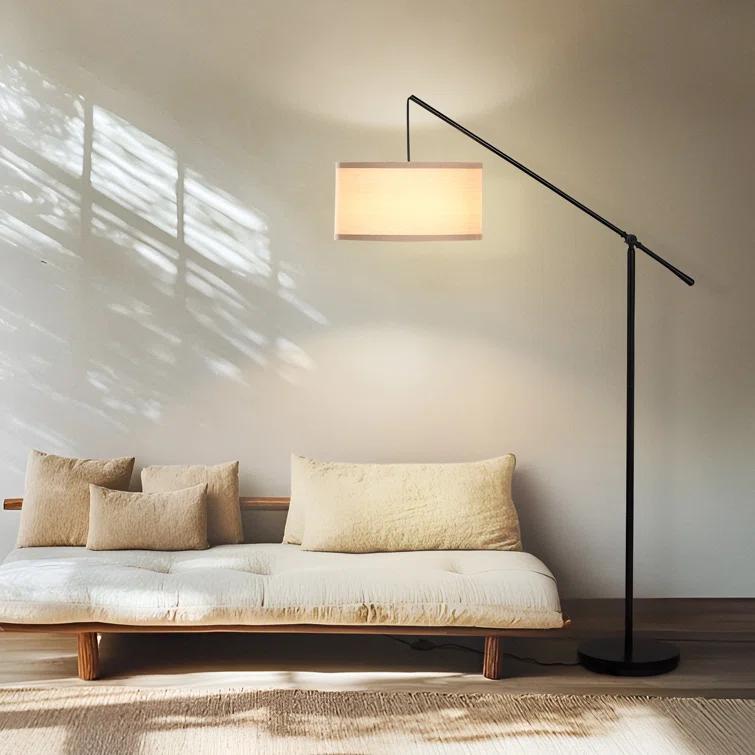 Brightech Hudson 70 in. Modern Height Adjustable LED Floor Lamp with Beige Fabric Drum Shade