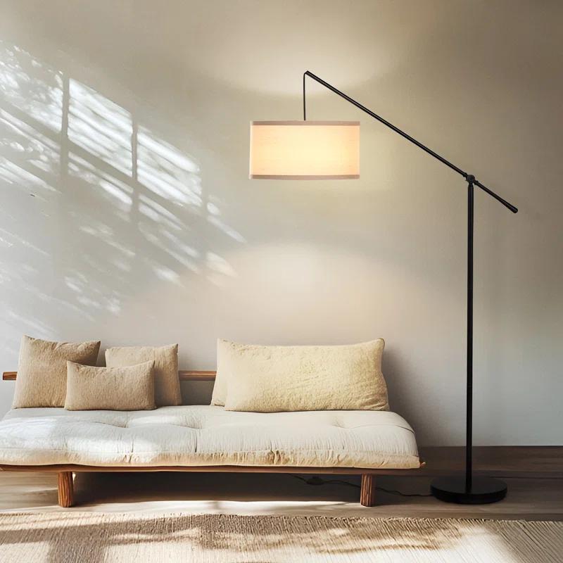 Brightech Hudson 70 in. Modern Height Adjustable LED Floor Lamp with Beige Fabric Drum Shade