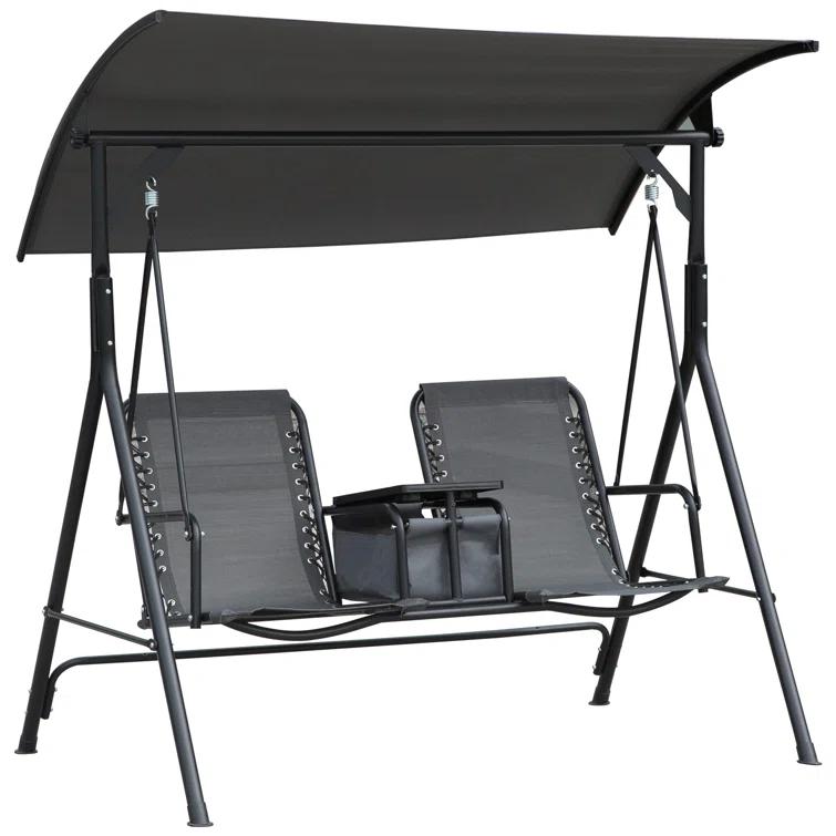 Arlmont & Co. Atay 2 Person Covered Porch Swing with Pivot Storage Table, Cup Holder, & Adjustable Overhead Canopy