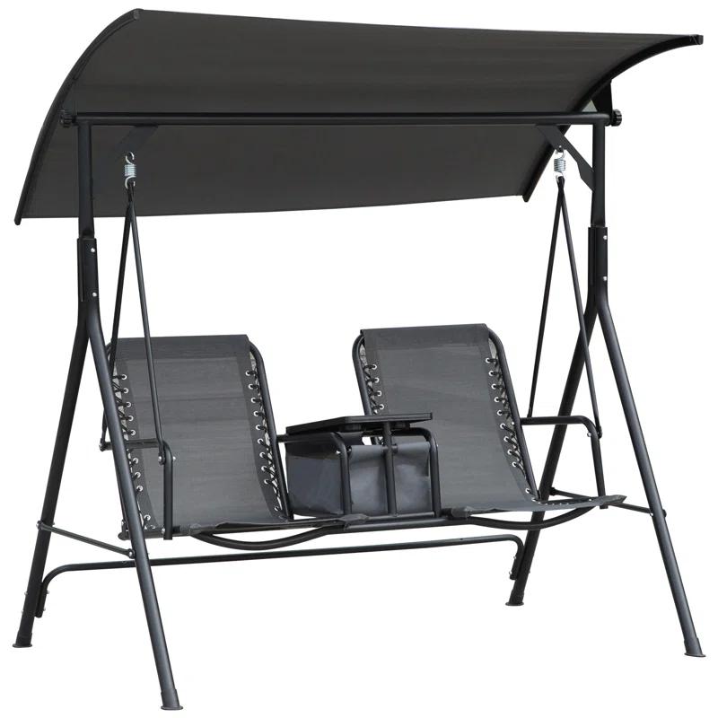 Arlmont & Co. Atay 2 Person Covered Porch Swing with Pivot Storage Table, Cup Holder, & Adjustable Overhead Canopy