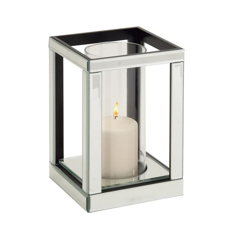 House of Hampton® Glass Pillar Silver Hurricane Lamp with Mirrored Accents