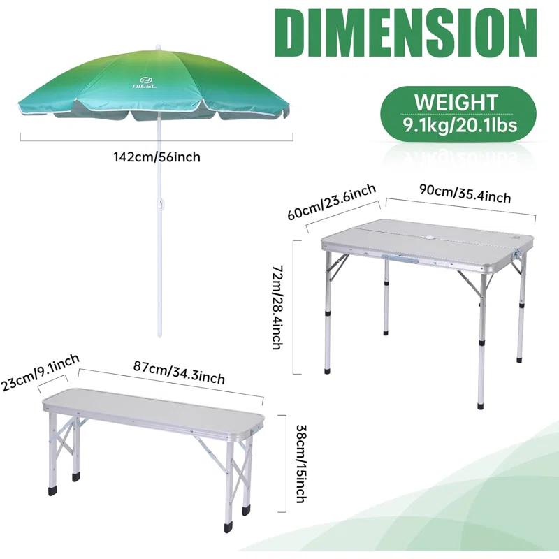 MUKE Folding Picnic Table with 2 Benches & Umbrella, Mesh Net for Outdoor, Patio, Lawn, & Backyard