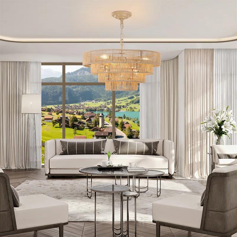 Rosecliff Heights Bohemian style Woven Pendant Light 19.7 Inch Rattan Ligh Large Rattan Pendant Light with 4-Tier Rattan Chandelier--Wood
