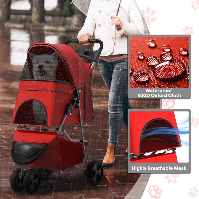 ATCHISON Foldable Pet Stroller, 3 Wheels Folding Carrier Jogger Stroller for Dogs Cats with Canopy and Basket