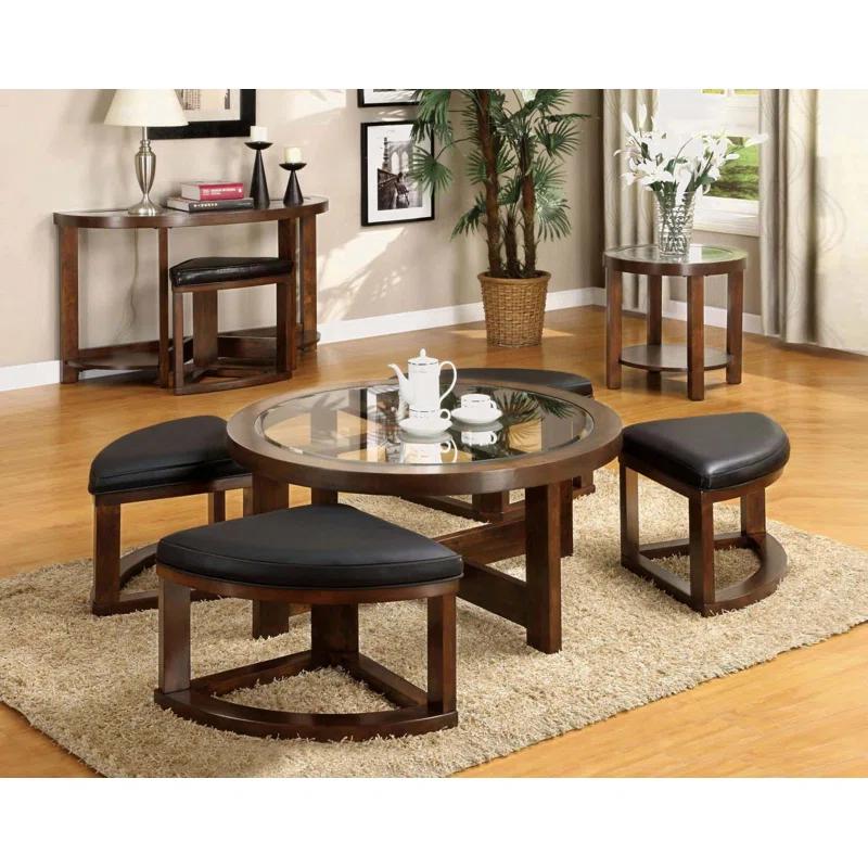 Hokku Designs Dark Walnut Coffee Table Glass Insert Top Ottoman Included Table Set Living Room Furniture