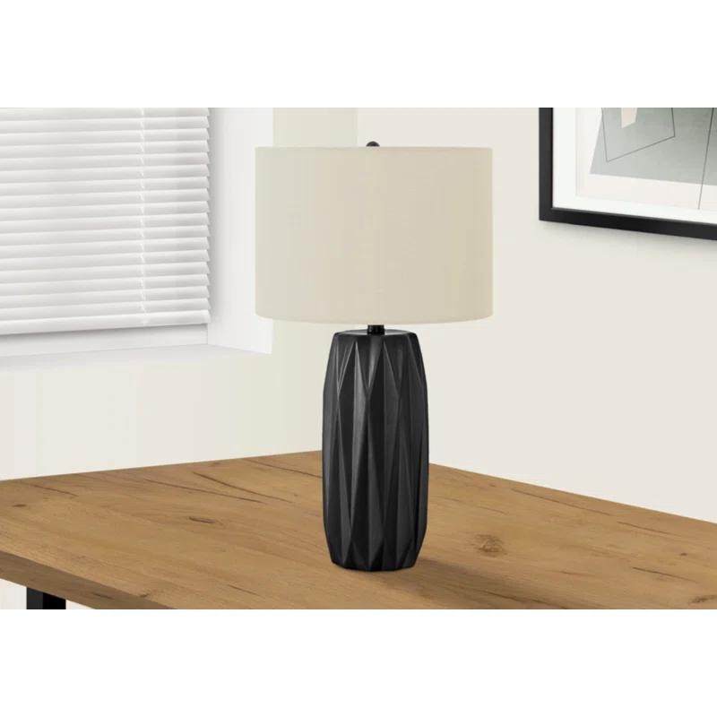 Benjara Table Lamp, 25 Inch Black Textured Ceramic Base, Ivory Fabric Shade