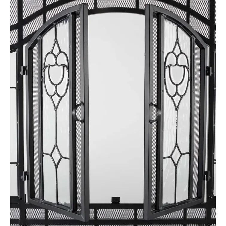 Plow & Hearth Two-Door Fireplace Screen with Tempered Glass Floral Panels