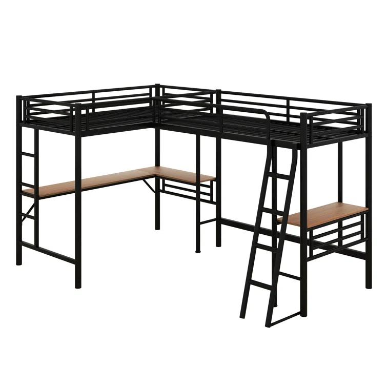 Mason & Marbles Double Twin Size Loft Beds, Metal L-Shaped Loft Bed Frame With Two Desk