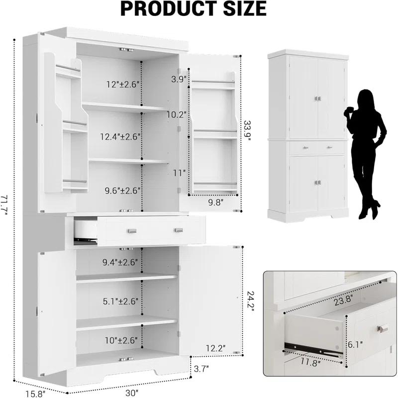 Lark Manor™ 72" Tall Kitchen Pantry Storage Cabinet, Freestanding High Wooden Cupboard With 4 Doors And 1 Drawer, 2 Adjustable Shelves And 6 Door Shelves