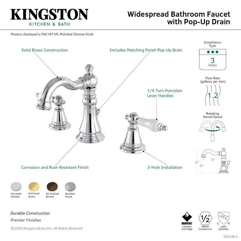 Kingston Brass FSC1978PL Kingston Brass English Classic Two-Handle 3-Hole Deck Mount Widespread Bathroom Faucet with Pop-Up Drain
