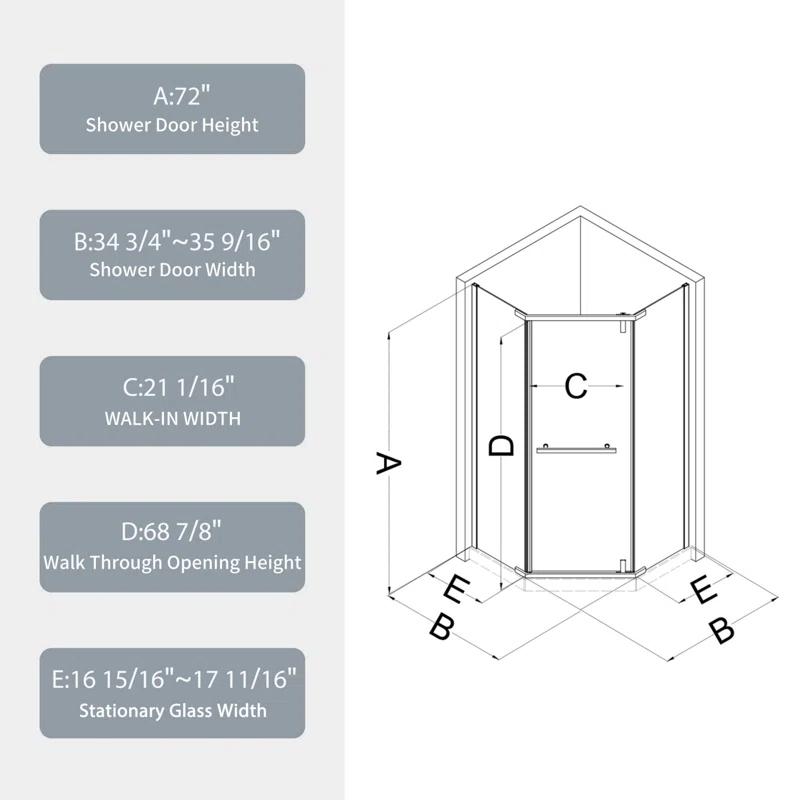 34.75"W x 72"H Swivel Shower Door with 1/4’ Tempered Glass, Frameless Shower Enclosure