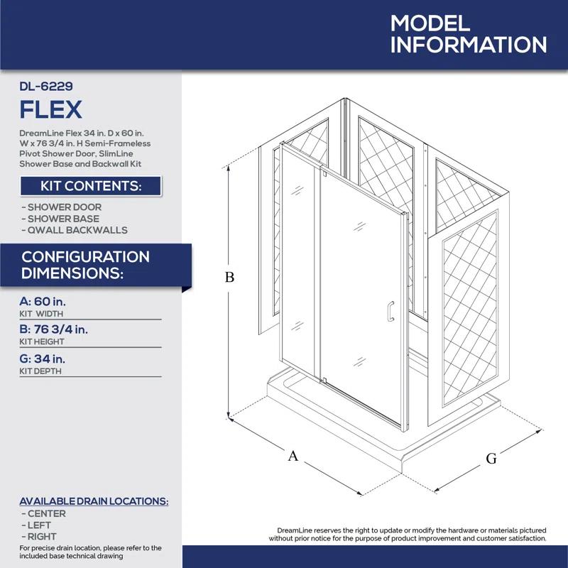 DreamLine DL-6229L-01 Flex 60" x 76.75" Pivot Semi-Frameless Shower Door