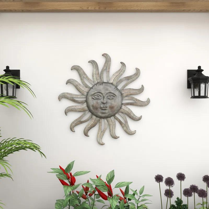 Metal Indoor Outdoor Face Sun Gray Wall Decor with Ribbed Detailing