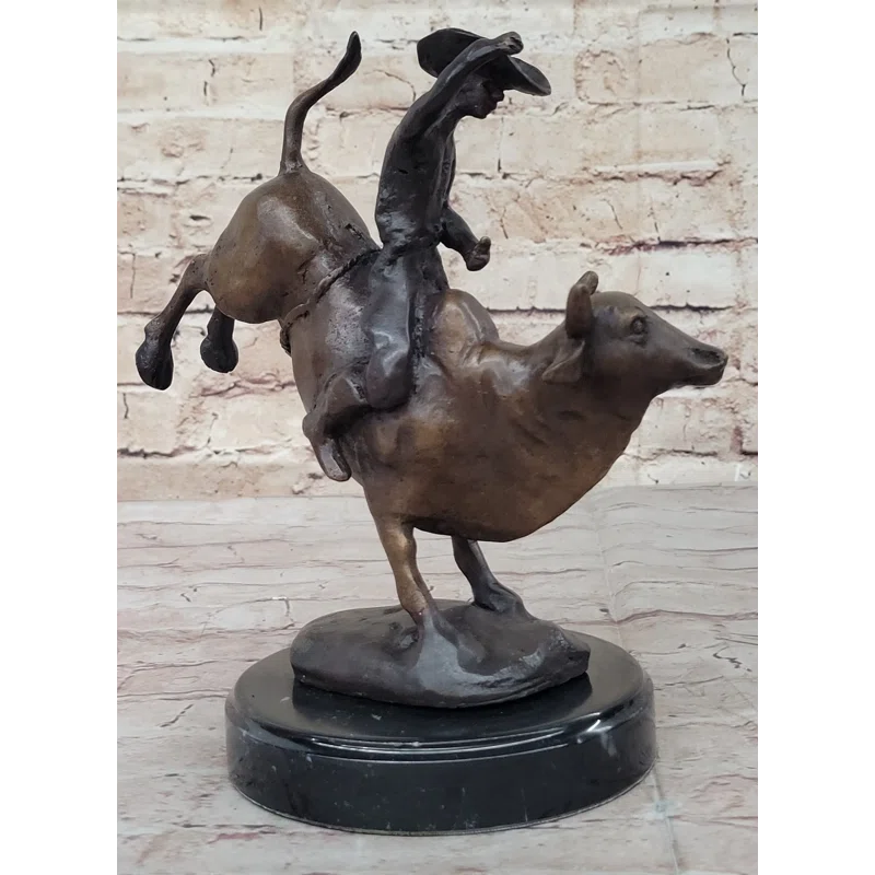 Trinx Rashee Rodeo Bull Rider Cowboy Bronze Statue Sculpture Marble Base Western Decor 9 Inches X 9 Inches