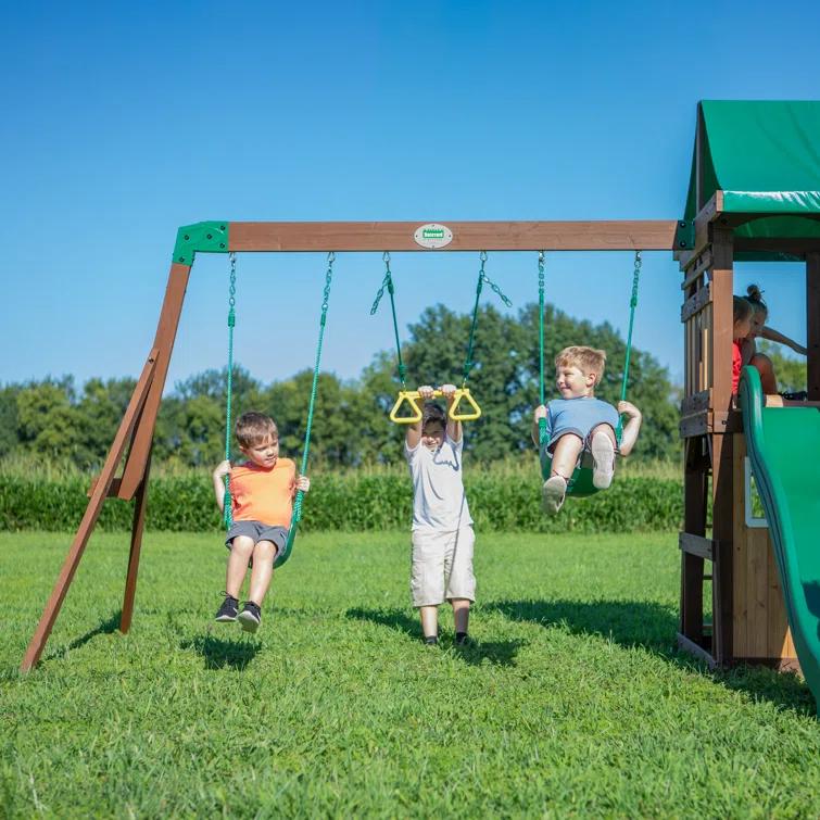 Backyard Discovery Backyard Discovery Lakewood Cedar Wood Swing Set with Wave Slide, Clubhouse, Playhouse, and Snack Bar Window