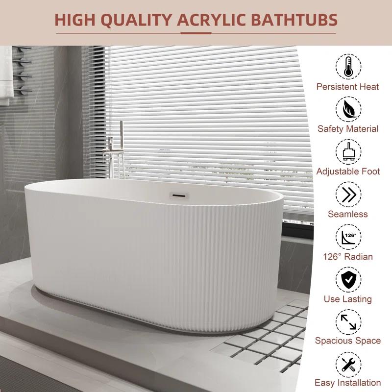 KDK HOME 67 in Freestanding Bathtub Acrylic Deep Soaking Tubs with Overflow