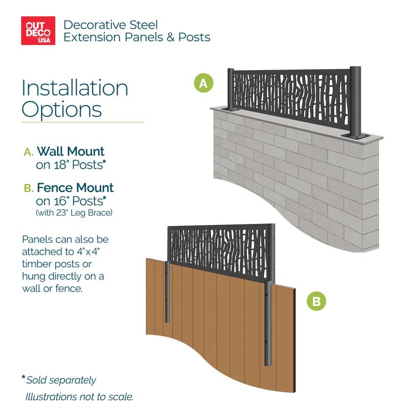 OUTDECO 16"x72" Outback Galvanized Steel Wall and Fence Extension Privacy Panel, Black