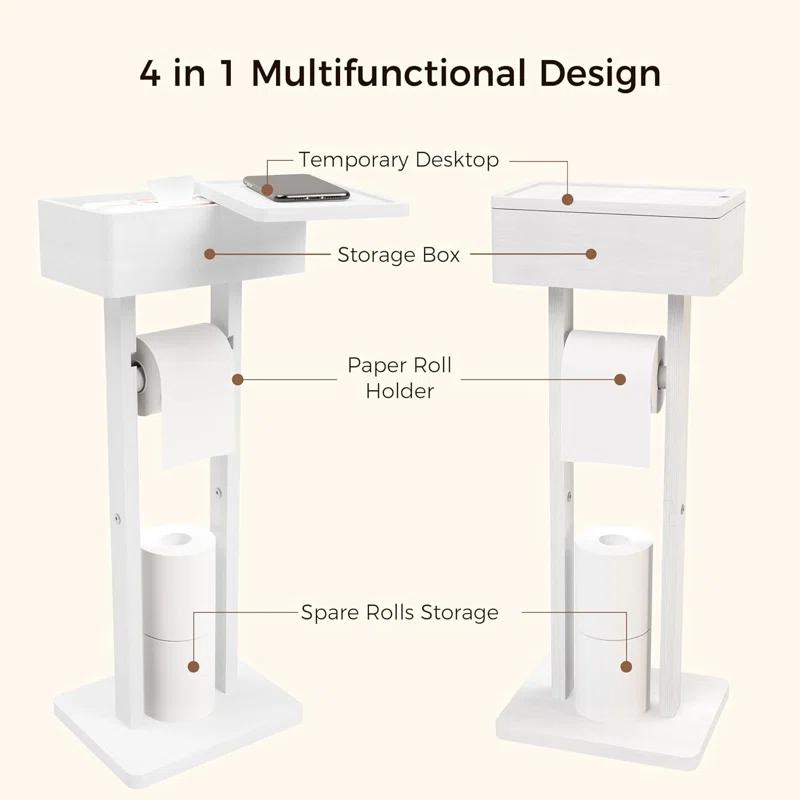 Hokku Designs 4-In-1 Bamboo Toilet Paper Holder Stand With Storage Shelf, Free Standing Toilet Tissue Roll Organizer, 360° Rotating Lid, Extra Storage For Bathroom Essentials