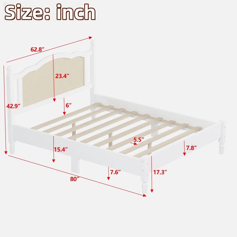 Velvetvanguards Bohemian Wooden Platform Bed With Natural Rattan Headboard And Arc Design