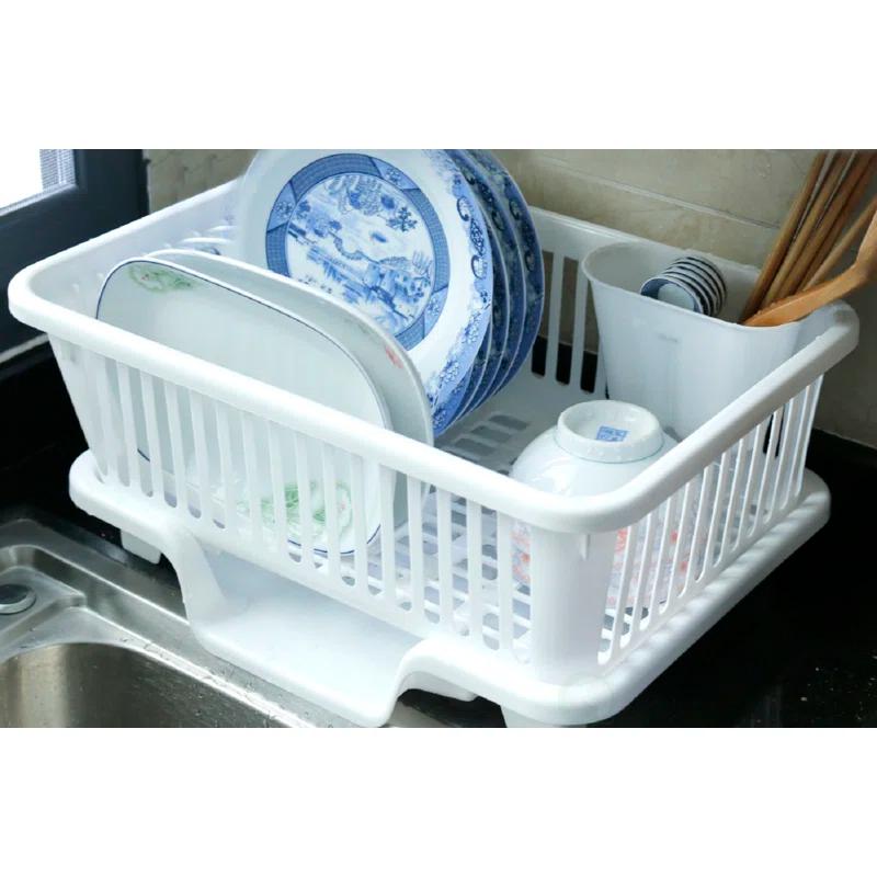 Basicwise Heavy Duty 2-Piece Plastic Dish Drying Rack Set in White - Includes Large Dish Drainer, Attached Drainboard, and Utensil Cup Holders for Home Kitchen Countertop Organization