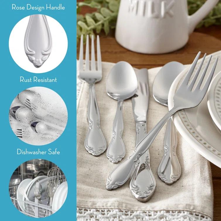 RiverRidge Home RiverRidge Rose Flatware 46-Piece Monogrammed Stainless Steel Silverware Set for 8