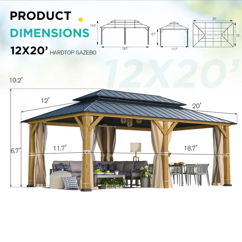EROMMY 12' X 20' Outdoor Spruce Hardtop Gazebo For Patios, Spruce Framed Gazebo With Double Roof, Solid Wooden Framed Gazebo With Privacy Curtains For Patio Lawn, Garden, Backyard