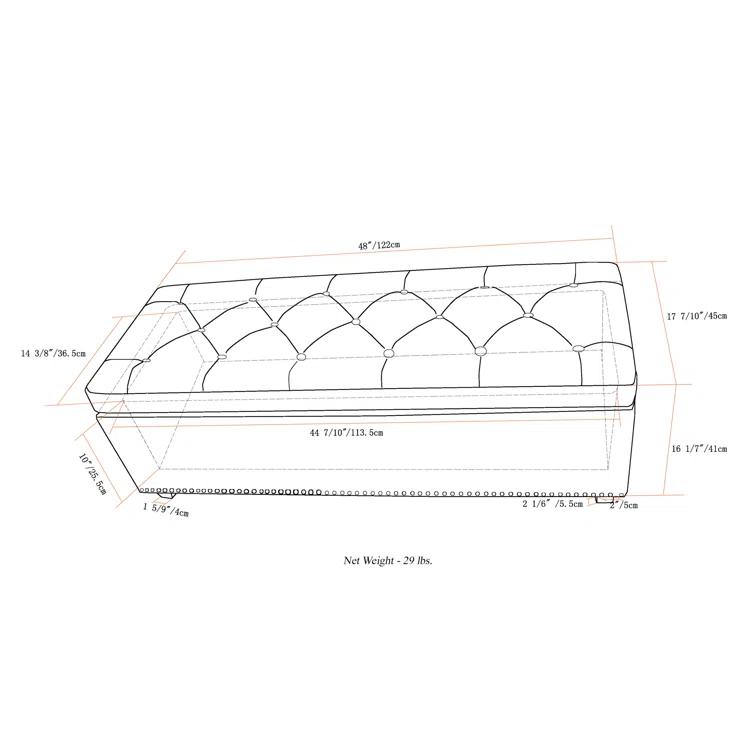 Simpli Home Hamilton 48"W Upholstered Storage Ottoman Bench with Lift-Top Lid, Tufted Design, and Nailhead Trim