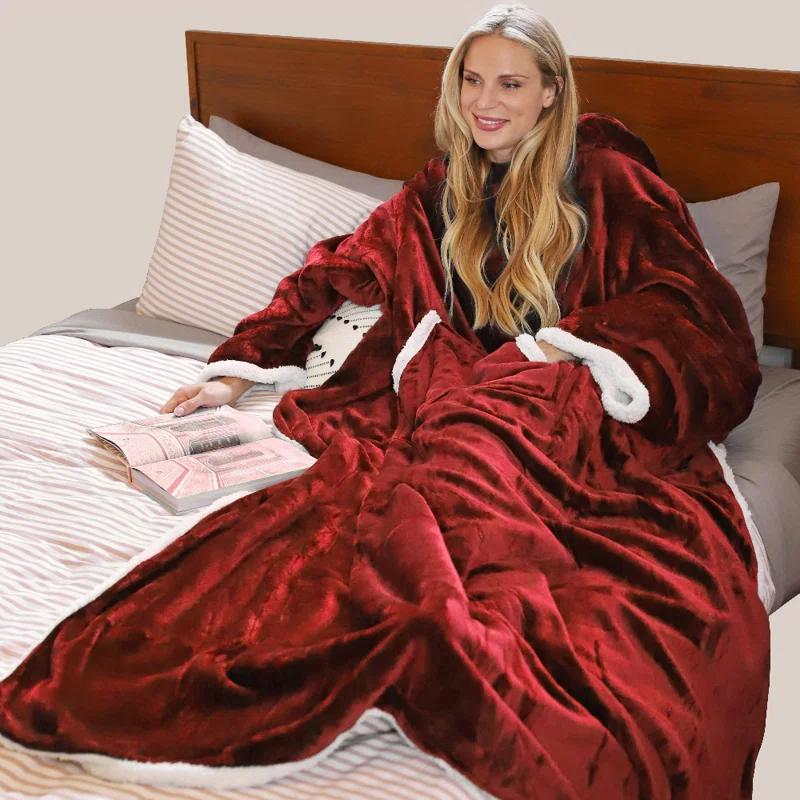 Tirrinia Hood Wearable Blanket for Adult Women and Men, Super Soft Comfy Warm Plush Throw with Sleeves TV Blanket Wrap Robe Hoodie Cover for Sofa, Couch 72" x 55"