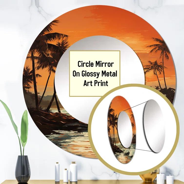 Design Art Tangerine Twilight Tropical Tranquility Sunset I - Palm Trees Large Mirror, Orange Round Decorative Wall Mirror, Printed Metal Art | Wayfair