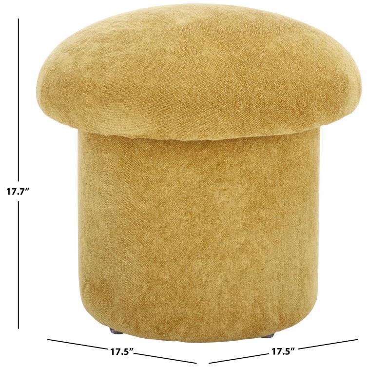 Mustard Yellow Upholstered Round Ottoman with Solid Wood Base