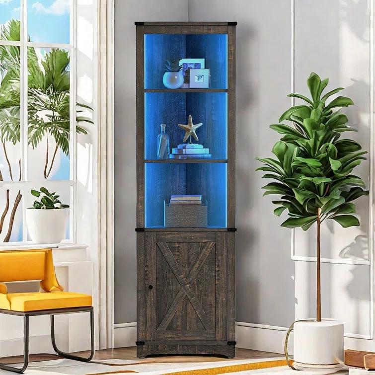 Gracie Oaks Aspenn 67" H Corner Bookcase with LED Light, Corner Storage Cabinet with Adjustable Shelf