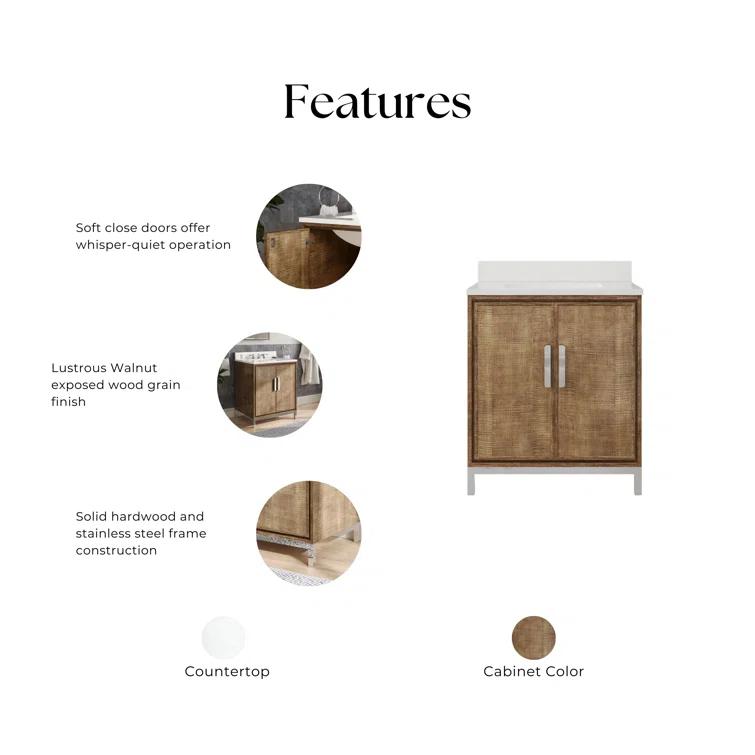 Westin 30" Lustrous Walnut Freestanding Bathroom Vanity with Quartz Top