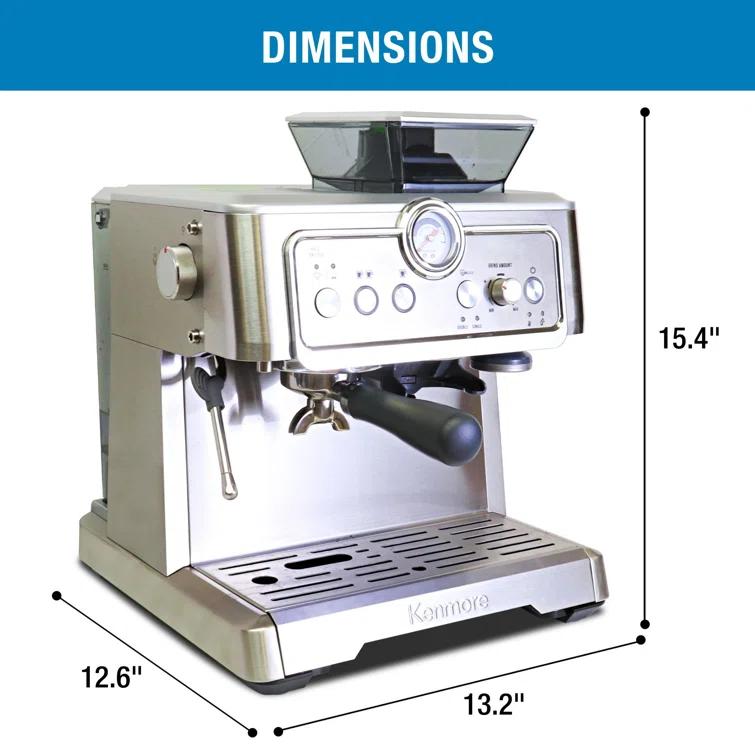 Kenmore Kenmore Espresso Machine With Grinder & Milk Frother, 15 Bar Espresso Coffee Maker, Stainless Steel