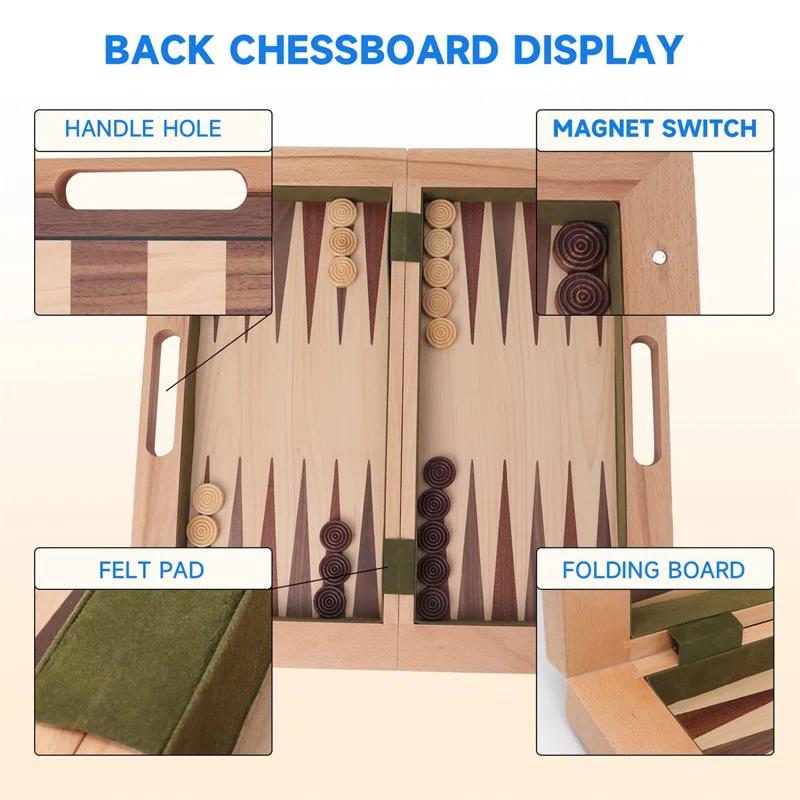 GSE 3-in-1 Wooden Folding Chess, Checker and Backgammon Board Game Combo Set